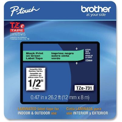 Brother - P-Touch TZE731CS 0.47 in. x 26.2 ft. TZe Laminated Removable Label Tapes - Black on - Green Brother - P-Touch TZE731CS 0.47 in. x 26.2 ft. TZe Laminated Removable Label Tapes - Black on - Green