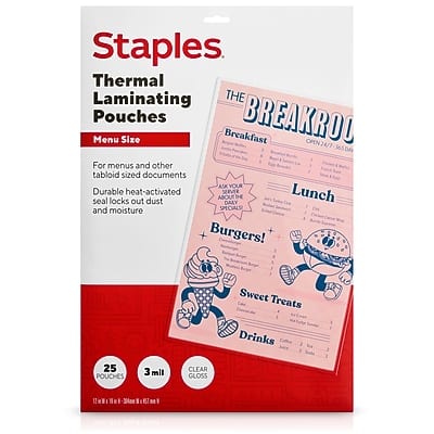 Staples - Thermal Laminating Pouches, Menu Size, 3 Mil, 25/Pack - Clear Staples - Thermal Laminating Pouches, Menu Size, 3 Mil, 25/Pack - Clear