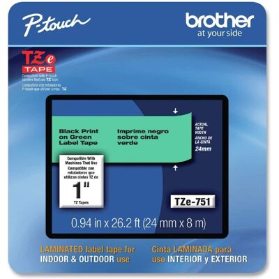 Brother - P-Touch TZE751CS 0.94 in. x 26.2 ft. TZe Laminated Removable Label Tapes - Black on - Green Brother - P-Touch TZE751CS 0.94 in. x 26.2 ft. TZe Laminated Removable Label Tapes - Black on - Green