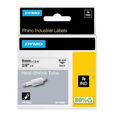 Dymo - Rhino Industrial 18053 Heat-Shrink Tube Label Maker Tape, 3/8" x 5', (18053) - Black On White Dymo - Rhino Industrial 18053 Heat-Shrink Tube Label Maker Tape, 3/8" x 5', (18053) - Black On White