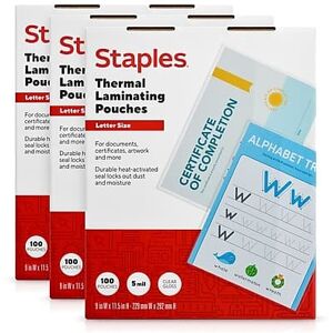 Staples - Thermal Laminating Pouches, Letter Size, 5 Mil, 300/Box - Clear Staples - Thermal Laminating Pouches, Letter Size, 5 Mil, 300/Box - Clear
