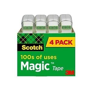 Scotch - Magic Tape With Dispenser, 0.75" x 8.33 yds., 1" Core, 4 Rolls/Pack - Invisible Clear Scotch - Magic Tape With Dispenser, 0.75" x 8.33 yds., 1" Core, 4 Rolls/Pack - Invisible Clear