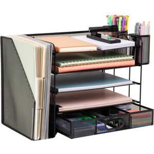 Mind Reader - Mesh Desk Organizer, 4 Trays, 1 Drawer, File Holder, 2 Pen Cups, Office Desktop Organizer, Metal Mesh - Black Mind Reader - Mesh Desk Organizer, 4 Trays, 1 Drawer, File Holder, 2 Pen Cups, Office Desktop Organizer, Metal Mesh - Black