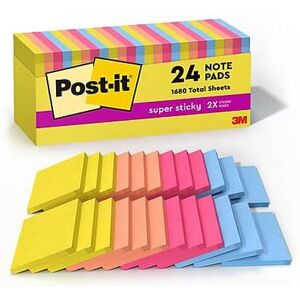 Post-it - Super Sticky Notes, 3" x 3", Summer Joy Collection, 70 Sheets/Pad, 24 Pads/Pack - Assorted Post-it - Super Sticky Notes, 3" x 3", Summer Joy Collection, 70 Sheets/Pad, 24 Pads/Pack - Assorted