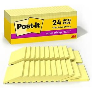 Post-it - Super Sticky Notes, 3" x 3", Canary Collection, 90 Sheet/Pad, 24 Pads/Box - Canary Yellow Post-it - Super Sticky Notes, 3" x 3", Canary Collection, 90 Sheet/Pad, 24 Pads/Box - Canary Yellow