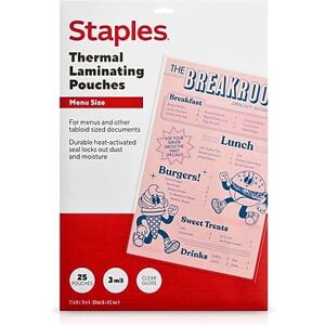 Staples - Thermal Laminating Pouches, Menu Size, 3 Mil, 25/Pack - Clear Staples - Thermal Laminating Pouches, Menu Size, 3 Mil, 25/Pack - Clear