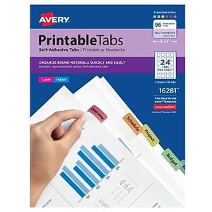 Avery - Printable Self-Adhesive Plastic Tabs, 1-1/4", 96/Pack - Assorted Colors Avery - Printable Self-Adhesive Plastic Tabs, 1-1/4", 96/Pack - Assorted Colors