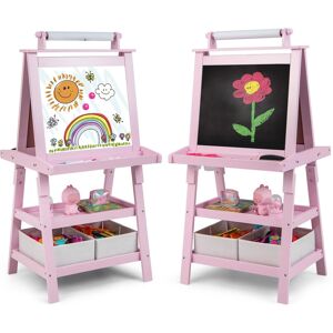 Costway - Kids Art Easel Double Sided Chalkboard Magnetic Whiteboard with Storage Tray - Pink Costway - Kids Art Easel Double Sided Chalkboard Magnetic Whiteboard with Storage Tray - Pink