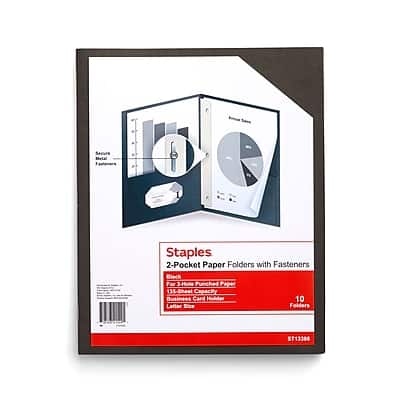 Staples - 10% Recycled Smooth 2-Pocket Paper Presentation Folder with Fasteners, 10/Pack - Black Staples - 10% Recycled Smooth 2-Pocket Paper Presentation Folder with Fasteners, 10/Pack - Black