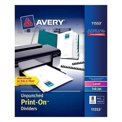 Avery - Print-On Unpunched Paper Dividers, 8 Tabs, 5 Sets/Pack - White Avery - Print-On Unpunched Paper Dividers, 8 Tabs, 5 Sets/Pack - White