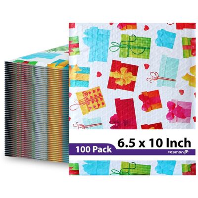Fosmon - 6.5 x 10 - 100 Pack #0 Gift Wrap Birthday Holiday Poly Bubble Mailer, Padded Shipping Envelopes, 6.5 x 9" Usable Size - Multi Fosmon - 6.5 x 10 - 100 Pack #0 Gift Wrap Birthday Holiday Poly Bubble Mailer, Padded Shipping Envelopes, 6.5 x 9" Usable Size - Multi