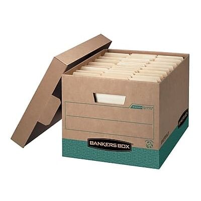 Bankers Box - R-Kive Heavy-Duty Recycled File Storage Boxes, Lift-Off Lid, Letter/Legal Size, Brown, 12/Carton - Kraft and Green Bankers Box - R-Kive Heavy-Duty Recycled File Storage Boxes, Lift-Off Lid, Letter/Legal Size, Brown, 12/Carton - Kraft and Green