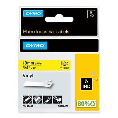 Dymo - Rhino Industrial 18433 Vinyl Label Maker Tape, 3/4" x 18', (18433) - Black on Yellow Dymo - Rhino Industrial 18433 Vinyl Label Maker Tape, 3/4" x 18', (18433) - Black on Yellow