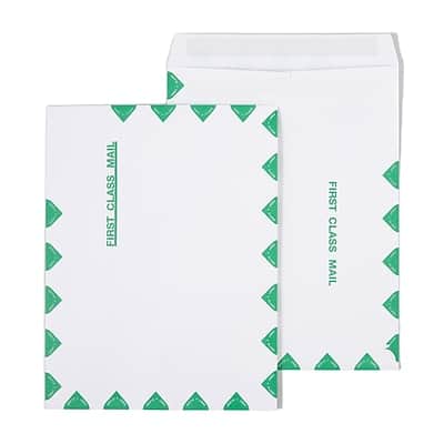 Staples - First Class Self Seal #13 Envelope, 10" x 13", 100/Box - White with green diamond border Staples - First Class Self Seal #13 Envelope, 10" x 13", 100/Box - White with green diamond border
