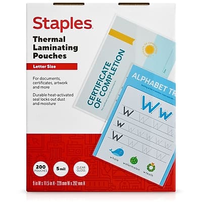 Staples - Thermal Laminating Pouches, Letter Size, 5 Mil, 200/Pack - Clear Staples - Thermal Laminating Pouches, Letter Size, 5 Mil, 200/Pack - Clear