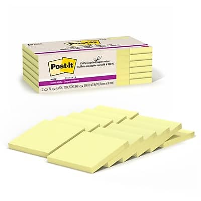 Post-it - Recycled Super Sticky Notes, 3" x 3", Canary Collection, 70 Sheets/Pad, 12 Pads/Pack - Yellow Post-it - Recycled Super Sticky Notes, 3" x 3", Canary Collection, 70 Sheets/Pad, 12 Pads/Pack - Yellow