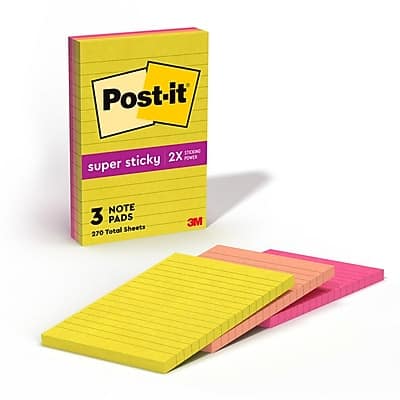 Post-it - Super Sticky Notes, 4" x 6", Summer Joy Collection, Lined, 90 Sheets/Pad, 3 Pads/Pack - Assorted Post-it - Super Sticky Notes, 4" x 6", Summer Joy Collection, Lined, 90 Sheets/Pad, 3 Pads/Pack - Assorted