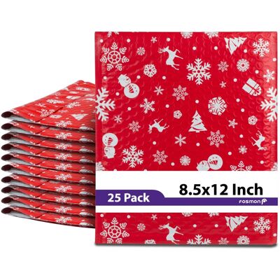 Fosmon - 8.5 x 12 - 25 Pack #2 Christmas Holiday Poly Bubble Mailer Gift Wrap, Padded Shipping Envelopes, 8.5 x 11" Usable Size - Multi Fosmon - 8.5 x 12 - 25 Pack #2 Christmas Holiday Poly Bubble Mailer Gift Wrap, Padded Shipping Envelopes, 8.5 x 11" Usable Size - Multi
