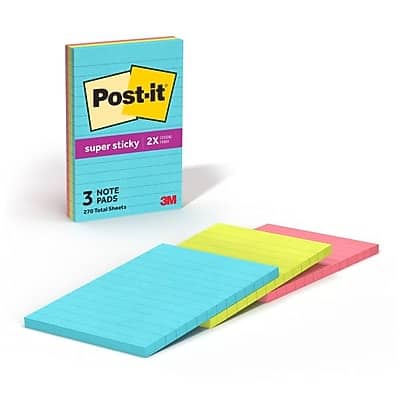 Post-it - Super Sticky Notes, 4" x 6", Supernova Neons Collection, Lined, 90 Sheet/Pad, 3 Pads/Pack - Aqua Splash, Acid Lime, Guava Post-it - Super Sticky Notes, 4" x 6", Supernova Neons Collection, Lined, 90 Sheet/Pad, 3 Pads/Pack - Aqua Splash, Acid Lime, Guava