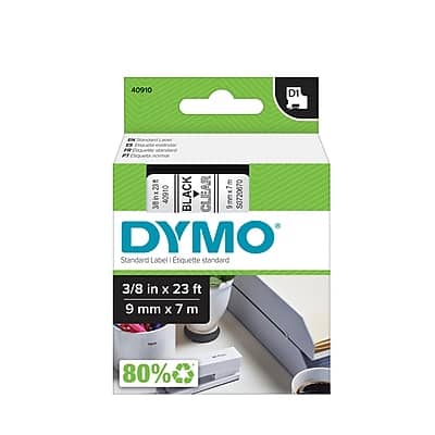 Dymo - D1 Standard 40910 Label Maker Tape, 3/8" x 23' - Black On Clear Dymo - D1 Standard 40910 Label Maker Tape, 3/8" x 23' - Black On Clear