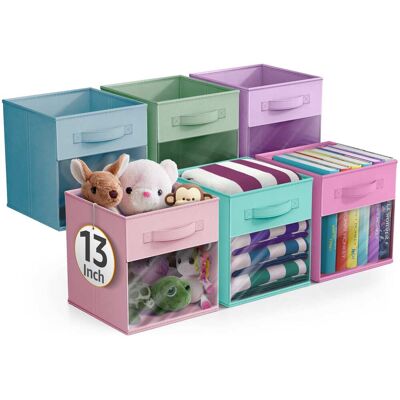 Sorbus - 13 Inch Storage Bins with Clear Window and Handle, 6 Foldable Baskets for Organizing Clothes,Toys, Books, Figures - Pastel Combo Sorbus - 13 Inch Storage Bins with Clear Window and Handle, 6 Foldable Baskets for Organizing Clothes,Toys, Books, Figures - Pastel Combo