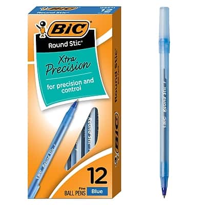 BIC - Round Stic Xtra Precision Ballpoint Pens, Fine Point, 0.8mm, Blue Ink, Dozen - Clear BIC - Round Stic Xtra Precision Ballpoint Pens, Fine Point, 0.8mm, Blue Ink, Dozen - Clear