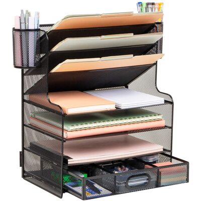 Mind Reader - Mesh Desk Organizer, 6 Compartments, 1 Drawer, 2 Pen Cups, Office Desktop Organizer, Metal Mesh - Black Mind Reader - Mesh Desk Organizer, 6 Compartments, 1 Drawer, 2 Pen Cups, Office Desktop Organizer, Metal Mesh - Black
