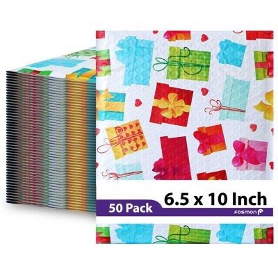 Fosmon - 6.5 x 10 - 50 Pack #0 Gift Wrap Birthday Holiday Poly Bubble Mailer, Padded Shipping Envelopes, 6.5 x 9" Usable Size - Multi Fosmon - 6.5 x 10 - 50 Pack #0 Gift Wrap Birthday Holiday Poly Bubble Mailer, Padded Shipping Envelopes, 6.5 x 9" Usable Size - Multi