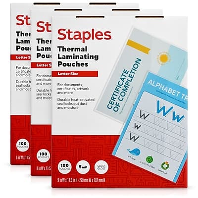 Staples - Thermal Laminating Pouches, Letter Size, 5 Mil, 300/Box - Clear Staples - Thermal Laminating Pouches, Letter Size, 5 Mil, 300/Box - Clear