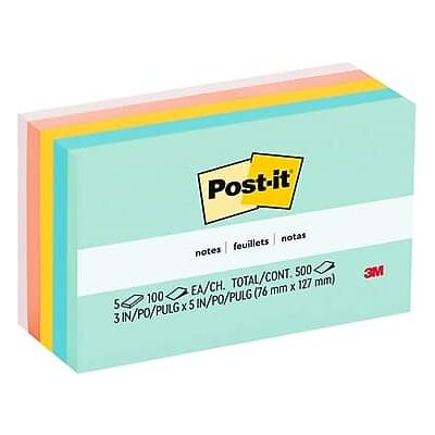 Post-it - Notes, 3" x 5", Beachside Café Collection, 100 Sheet/Pad, 5 Pads/Pack - Multicolor Post-it - Notes, 3" x 5", Beachside Café Collection, 100 Sheet/Pad, 5 Pads/Pack - Multicolor