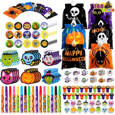 Joyfy - 168 PCS Halloween Party Favors Stationery Set With Bag/Notepad/Stamp/Markers/Sticker for Kids Gift Classroom Prizes - Orange Joyfy - 168 PCS Halloween Party Favors Stationery Set With Bag/Notepad/Stamp/Markers/Sticker for Kids Gift Classroom Prizes - Orange