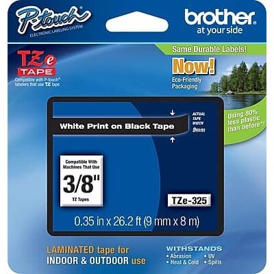 Brother - P-touch Laminated Label Maker Tape, 3/8" x 26-2/10' - White On Black Brother - P-touch Laminated Label Maker Tape, 3/8" x 26-2/10' - White On Black
