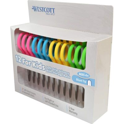 Westcott - Soft Handle 5" Kids Scissors Classpack with Storage Rack, Blunt, Pack of 12 Westcott - Soft Handle 5" Kids Scissors Classpack with Storage Rack, Blunt, Pack of 12