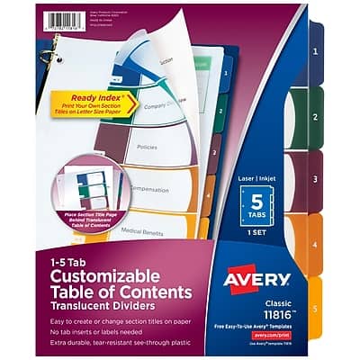 Avery - Ready Index Table of Contents Plastic Dividers, 1-5 Tabs, Multicolor - Translucent Multicolor Avery - Ready Index Table of Contents Plastic Dividers, 1-5 Tabs, Multicolor - Translucent Multicolor