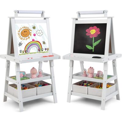 Costway - Kids Art Easel Double Sided Chalkboard Magnetic Whiteboard with Storage Tray - White Costway - Kids Art Easel Double Sided Chalkboard Magnetic Whiteboard with Storage Tray - White