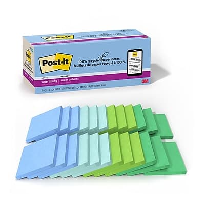 Post-it - Recycled Super Sticky Notes, 3" x 3", Oasis Collection, 70 Sheets/Pad, 24 Pads/Pack - Assorted Post-it - Recycled Super Sticky Notes, 3" x 3", Oasis Collection, 70 Sheets/Pad, 24 Pads/Pack - Assorted