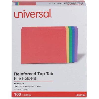 Universal - Reinforced Top-Tab File Folders, 1/3-Cut Tabs: Assorted, Letter Size, 1" Expansion, Assorted Colors, 100/Box Universal - Reinforced Top-Tab File Folders, 1/3-Cut Tabs: Assorted, Letter Size, 1" Expansion, Assorted Colors, 100/Box