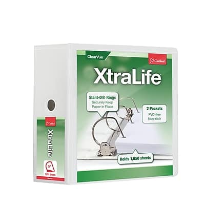 Cardinal - XtraLife ClearVue Heavy Duty 5" 3-Ring View Binders, D-Ring - White Cardinal - XtraLife ClearVue Heavy Duty 5" 3-Ring View Binders, D-Ring - White