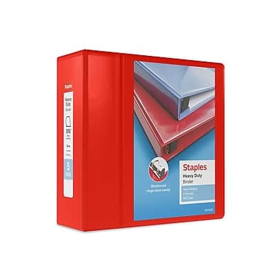 Staples - Heavy Duty 5" 3-Ring View Binder, D-Ring - Red Staples - Heavy Duty 5" 3-Ring View Binder, D-Ring - Red