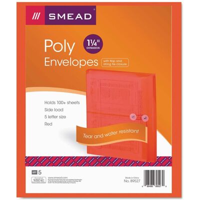 Smead Manufacturing - Poly String and Button Interoffice Envelopes, Open-Side (Horizontal), 9.75 x 11.63, Transparent Red, 5/Pack Smead Manufacturing - Poly String and Button Interoffice Envelopes, Open-Side (Horizontal), 9.75 x 11.63, Transparent Red, 5/Pack