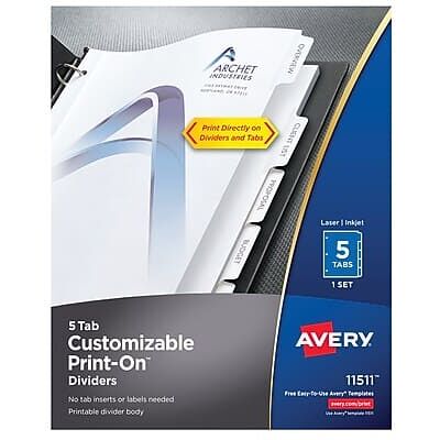 Avery - Print-On Paper Dividers, 5 Tabs - White Avery - Print-On Paper Dividers, 5 Tabs - White
