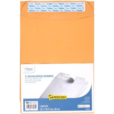 Mead - Press-It Seal-It Envelopes, 9" x 12", Pack of 5 Mead - Press-It Seal-It Envelopes, 9" x 12", Pack of 5