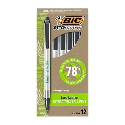 BIC - Ecolutions Clic Stic Retractable Ballpoint Pens, Medium Point, Dozen - Black Ink BIC - Ecolutions Clic Stic Retractable Ballpoint Pens, Medium Point, Dozen - Black Ink