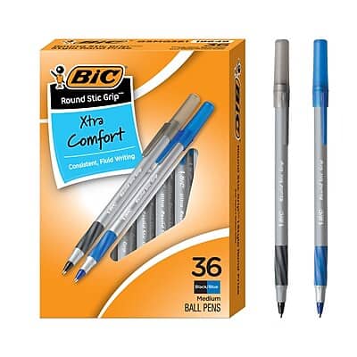 BIC - Round Stic Grip Xtra-Comfort Ballpoint Pen, Medium Point, Assorted Ink, 36/Pack - Gray/Silver BIC - Round Stic Grip Xtra-Comfort Ballpoint Pen, Medium Point, Assorted Ink, 36/Pack - Gray/Silver