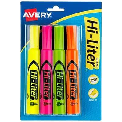 Avery - Hi-Liter Tank Highlighters, Chisel, 4/Pack - Assorted Avery - Hi-Liter Tank Highlighters, Chisel, 4/Pack - Assorted