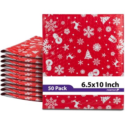Fosmon - 6.5 x 10 - 50 Pack #0 Christmas Holiday Poly Bubble Mailer Gift Wrap, Padded Shipping Envelopes, 6.5 x 9" Usable Size - Multi Fosmon - 6.5 x 10 - 50 Pack #0 Christmas Holiday Poly Bubble Mailer Gift Wrap, Padded Shipping Envelopes, 6.5 x 9" Usable Size - Multi