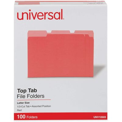 Universal - Deluxe Colored Top Tab File Folders, 1/3-Cut Tabs: Assorted, Letter Size, Red/Light Red, 100/Box Universal - Deluxe Colored Top Tab File Folders, 1/3-Cut Tabs: Assorted, Letter Size, Red/Light Red, 100/Box