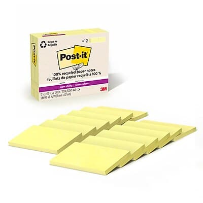 Post-it - Recycled Super Sticky Notes, 3" x 5", Canary Collection, 70 Sheets/Pad, 12 Pads/Pack - Yellow Post-it - Recycled Super Sticky Notes, 3" x 5", Canary Collection, 70 Sheets/Pad, 12 Pads/Pack - Yellow