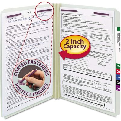 Smead Manufacturing - Recycled Pressboard Fastener Folders, Straight Tabs, Fasteners, 2" Expansion, Legal Size, Gray-Green, 25/Box Smead Manufacturing - Recycled Pressboard Fastener Folders, Straight Tabs, Fasteners, 2" Expansion, Legal Size, Gray-Green, 25/Box