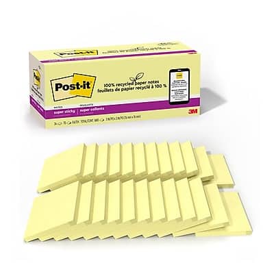 Post-it - Recycled Super Sticky Notes, 3" x 3", Canary Collection, 70 Sheets/Pad, 24 Pads/Pack - Yellow Post-it - Recycled Super Sticky Notes, 3" x 3", Canary Collection, 70 Sheets/Pad, 24 Pads/Pack - Yellow